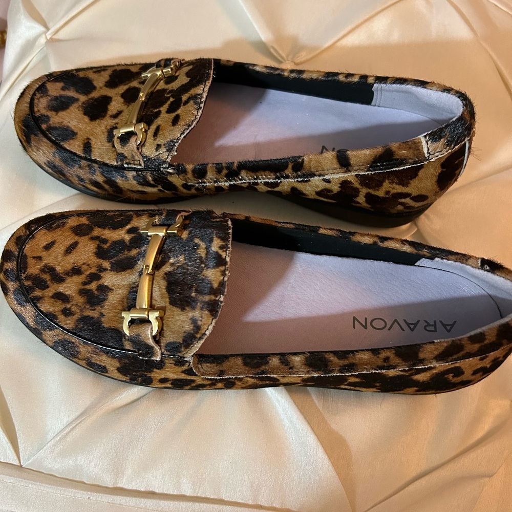 Aravon Brown and Gold Flats with Leopard Print